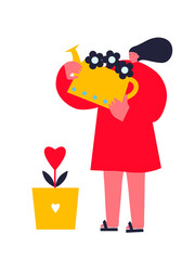 Couple in love characters. Loving people, happy man and woman with heart, watering can for flowers. Romance character. Celebrating valentine's day.Vector illustration. Set of happy cartoon.