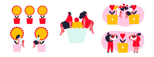 Couple in love characters. Loving people, happy man and woman with heart, watering can for flowers. Romance character. Celebrating valentine's day.Vector illustration. Set of happy cartoon.