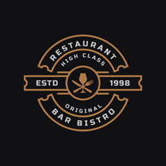 Vintage Retro Badge for Luxury Wine Glass with Spoon Fork Knife for Restaurant Bar Bistro Logo Design Template Element