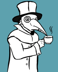 Plague doctor with a mask and hat with cup of tea(or coffee). Black and white vector illustration.
