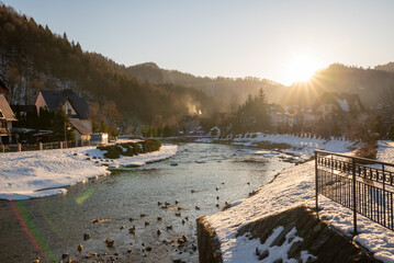 View at the picturesque Grajcarek stream in Szczawnica, southern Poland. Summer in Pieniny Mountains