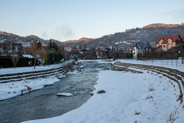View at the picturesque Grajcarek stream in Szczawnica, southern Poland. Summer in Pieniny Mountains
