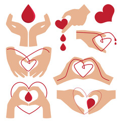 Hands with heart shape on red background illustration,Blood Donation, blood donor background, Medical background. Human donates blood
