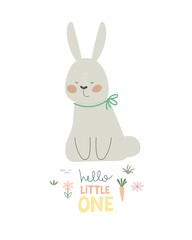 Obraz na płótnie Canvas hello little one. cartoon bunny, hand drawing lettering. Colorful vector illustration, flat style. design for greeting cards, print, poster