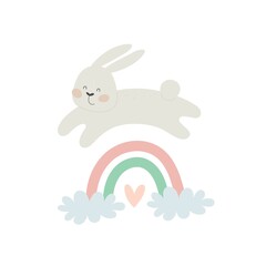 Cartoon rabbit, rainbow, cloud, decoration elements. colorful  vector illustration, flat style. design for print, greeting card, poster decoration, cover