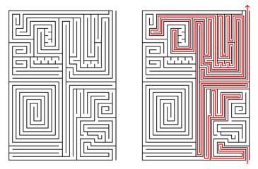 Vector rectangular labyrinth with entry and exit. Difficulty level - hard. Maze with solution - red passing route. Children logic game for brain training isolated on white background.