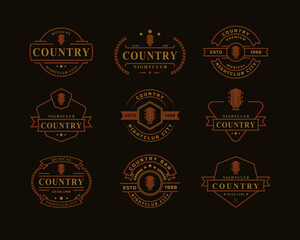 Set of Vintage Retro Badge for Country Guitar Music Western Saloon Bar Cowboy Logo Emblem Symbol