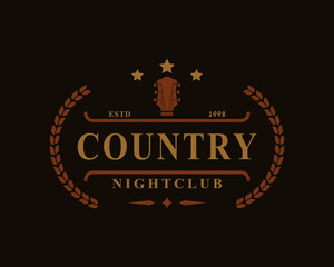 Naklejka na ściany i meble Vintage Retro Badge for Country Guitar Music Western Saloon Bar Cowboy Logo Emblem Symbol