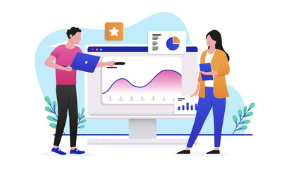 Analysing data on computer screen - Two businesspeople in casual clothes reading charts and graphs. Flat design vector illustration with white background