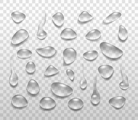 Water drops set different shapes on transparent background. Realistic vector with glass sphere, raindrop, condensation. Design for poster, banner, concept