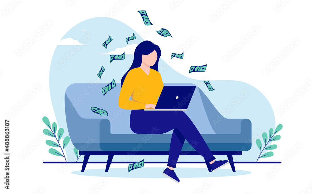 Poster woman making money on computer sitting in sofa at home. flat design vector illustration with white b