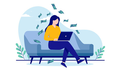 Woman making money on computer sitting in sofa at home. Flat design vector illustration with white background