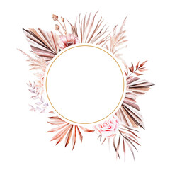 Flower wreath. Watercolor floral frame. Botanical illustration. Frame made of plant elements. Frame from palm tropical leaves. Boho style frame