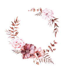 Flower wreath. Watercolor floral frame. Botanical illustration. Frame made of plant elements. Boho style wedding decor
