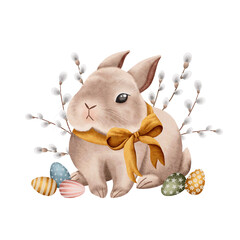 Easter bunny with decorated Easter eggs.