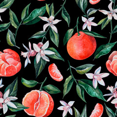 Watercolor citrus pattern. Seamless pattern of citrus fruits with flowers. Fruit pattern on a black background