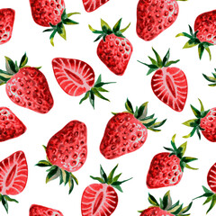 watercolor strawberry pattern. Strawberries on a white background. Seamless berry pattern