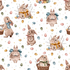 Seamless pattern with cute Easter bunnies, eggs, buskets and willow branches.