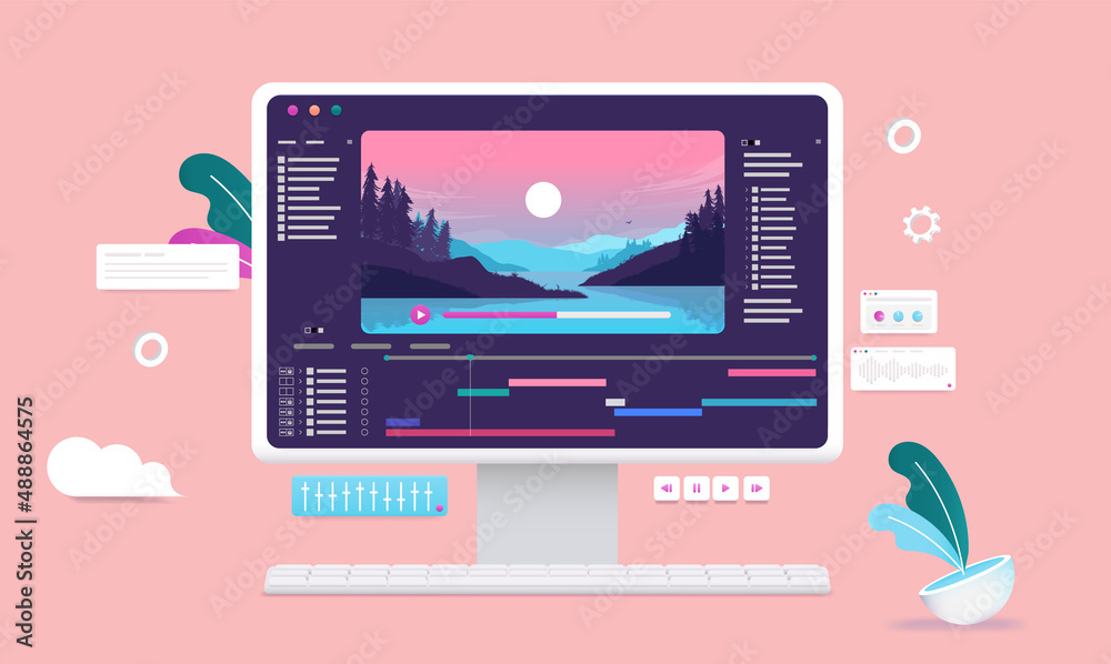 Aufkleber Video editing on desktop computer - Software for movie production on screen with nature scene, timeline and user interface. Multimedia and film editor concept. Vector illustration