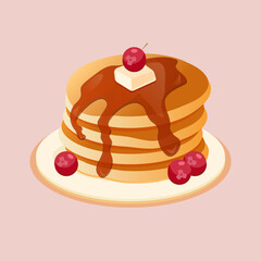 Breakfast drawing. Pancakes with cranberries and maple syrup.