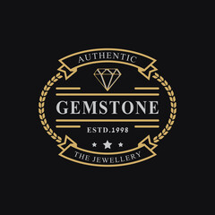 Fototapeta na wymiar Vintage Retro Badge for Luxury Line art Diamond Gem Jewelry Logo Emblem Design Symbol