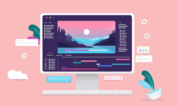 Video editing on desktop computer - Software for movie production on screen with nature scene, timeline and user interface. Multimedia and film editor concept. Vector illustration