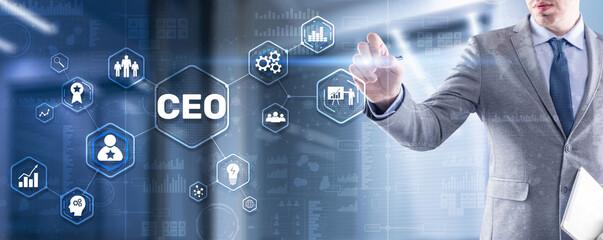 CEO concept. Businessman pressing virtual screen inscription boss