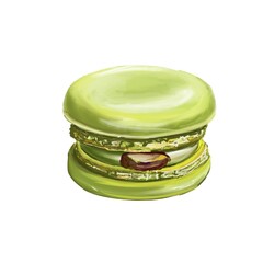 Macaroon cookie isolated on white . Food illustration good for confectionery menu, desserts icon. Pistachio taste lime color macaroon 