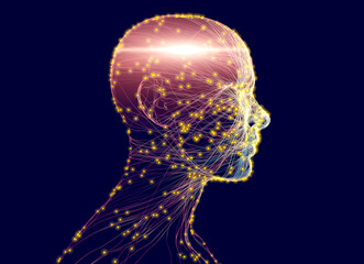 Stimuli and emotions, feelings that pervade the body. Impulses, neurons and synapses that interact. Face profile view. Artificial intelligence. Alignment of the chakras. 3d rendering 