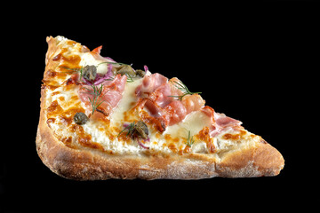 Pizza with capers, bacon and red onions. Rectangular pizza