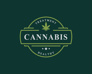 Vintage Retro Badge for Marijuana Cannabis Hemp Pot Leaf THC CBD Health and Medical Therapy Logo Emblem Design Symbol