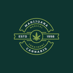 Vintage Retro Badge for Marijuana Cannabis Hemp Pot Leaf THC CBD Health and Medical Therapy Logo Emblem Design Symbol