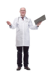 qualified mature doctor with clipboard .isolated on a white background.