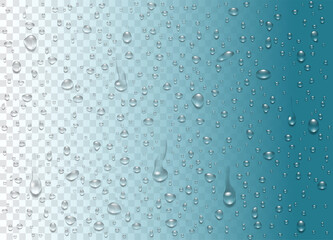 Set water rain drops, pure droplets condensed on transparent background. Realistic vector illustration bubbles on window glass. Design for poster, banner, concept