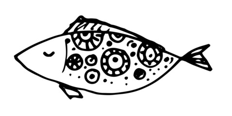 cute fish icon. A FISH drawing drawn in doodles with scales, circles and dots, isolated black outline on white for a design template. a simple children's drawing of a sea fish,