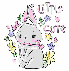 Hand drawn Cute Bunny and flowers vector illustration. Fun print design rabbit, children print on t-shirt.
