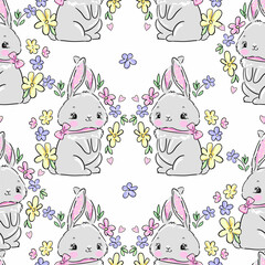 Cute rabbits and flower arrangement background vector seamless pattern Kids print