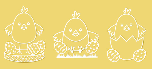 Set of three cute yellow Easter chicks. Festive stickers with birds. Paper cut style. Vector illustration.