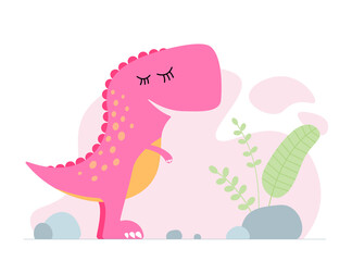 Cute pink dino. Kind smiling baby dinosaur tyrannosaurus. Cartoon baby graphic design print banner. Creative girlish t-rex original design. Hand drawing vector eps illustration