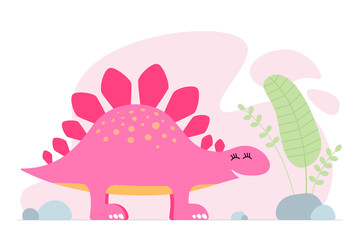 Cute pink dino. Kind smiling baby dinosaur stegosaurus. Cartoon baby graphic design print banner. Creative girlish original design. Hand drawing vector eps illustration