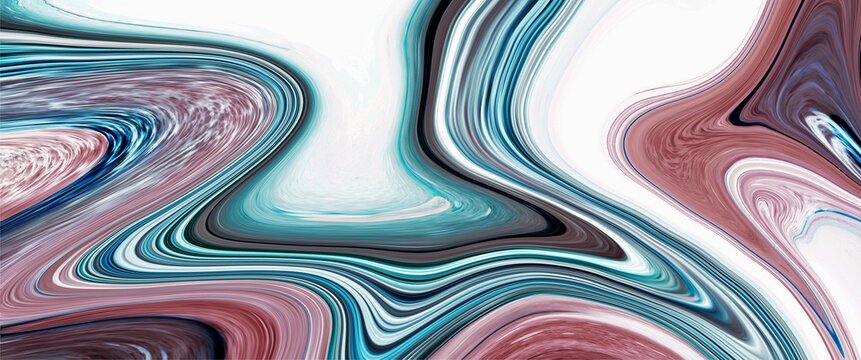 Unique modern abstract watercolour painting, coloured alcohol ink, soft blue and magenta colormix, free white copy space, black curved line, hand drawn art, original art for wall pictures