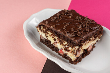 chocolate cake with strawberry vanilla cream