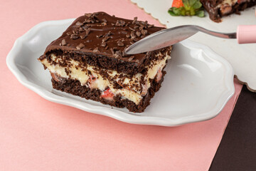 chocolate cake with strawberry vanilla cream