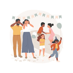 Parents go nuts isolated cartoon vector illustration Noisy children party, family life, Birthday celebration, kids running and screaming, parents holding head, going nuts vector cartoon.