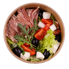 salad with ham olives feta cheese tomato on white background for restaurant website
