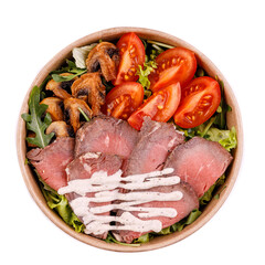 salad with ham fried mushrooms tomato sauce on white background for restaurant website