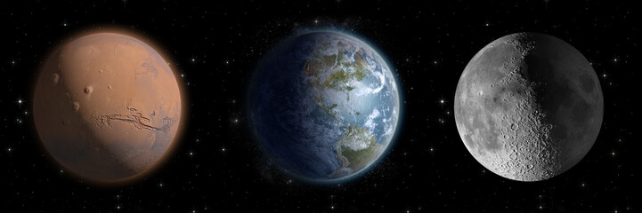 Earth, Mars, and the Moon space exploration