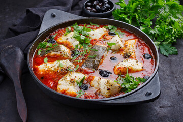 Traditional Spanish seafood zarzuela de pescado with fish served in red sauce as top view in design pot