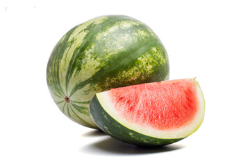 Green ripe watermelon with cut slice isolated on a white background. Fresh watermelon