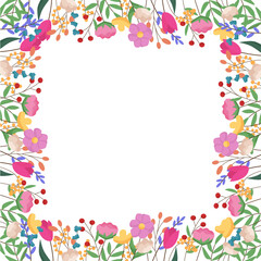 Beautiful spring frame with flowers. Vector cartoon illustration
